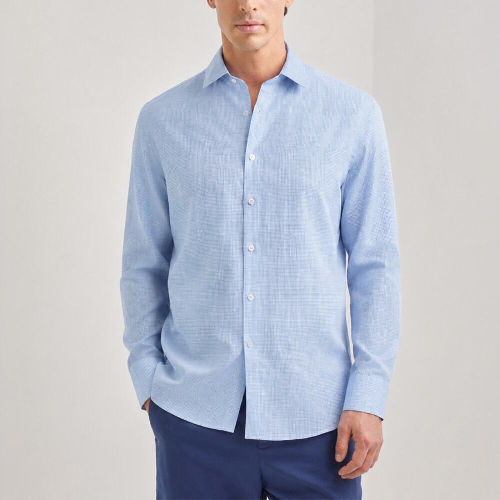 Canali Blue Geometric Micro Check Luxury Dress Shirt Made in Italy